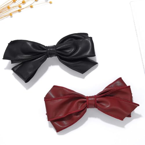 JONKY Bow Hair Clip Leather Hair Barrette Costume Party Hair Accessories for Women (Black+Red)