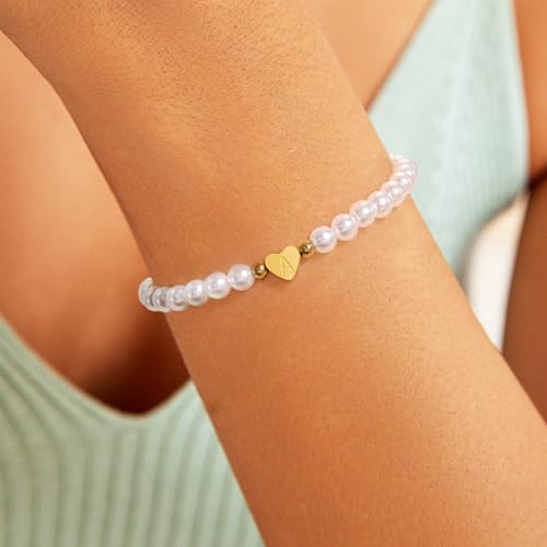 BAYLAY Pearl Initial Bracelet for Women - 18K Gold Plated Heart Letter A-Z Initial Bracelet for Teen Girls Pearl Bracelets for Women Dainty Gold Bracelet Flower Girl Gifts Bridesmaid Proposal Gifts2