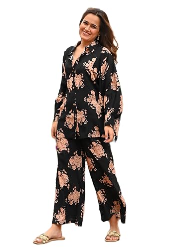 Image of Sidhidata Women's Rayon Blend Floral Printed Shirt Pant Set Co-Ords Set|Coordinate Set|Summer Suit|Printed Shirt with Pant Set (CS Rose)