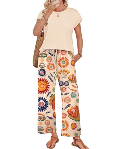 WIHOLL Lounge Sets for Women Summer Vacation Outfits 2 Piece Sets Beach Spring Clothes Trendy Fashion Clothing Resort Wear 2026 Cruise Airport Travel Outfits Pajamas Apricot M