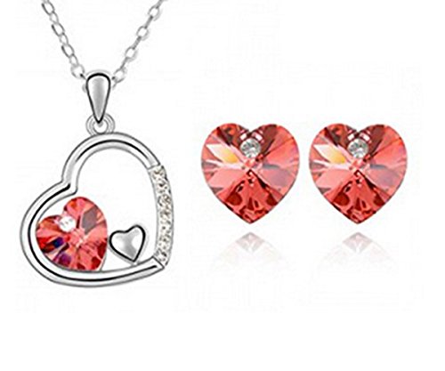KATGI Fashion Beautiful Crystal Hearts Austrian Red Crystal Necklace and Earring Set