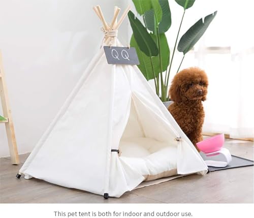 Sunnykud Tipi Zelt für Haustiere Hundezelt Katzenzelt Haustierzelte Häuser mit Kissen Abnehmbar und Waschbar Haustierbett Wegklappen Haustier Hundebett Katzenbett (L:60x60x70cm, weiß)