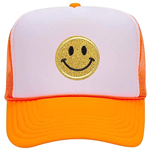 jnpemvq Yellow Glitter Smiley Face Trucker Hat,Trendy Adjustable Snapback Closure Baseball Cap,Embroidered High Crown Foam Mesh Back Hats for Men and Women Orange