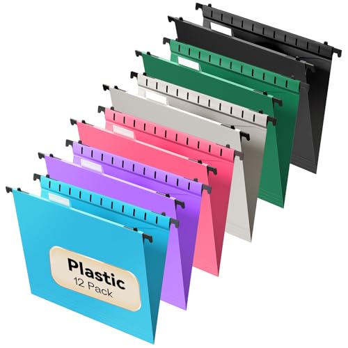 NORDUN Pasta de arquivo de plástico para pendurar cores sortidas, tamanho carta, pacote com 12 pasta