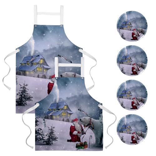 Lot de 2 tabliers de cuisine Ours Polaire et Père Noël taille unique pour la maison et bistrot