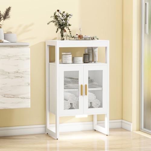 Bathroom Floor Storage Cabinet Freestanding Organizer with Sensor Light & Acrylic Doors for Bathroom, Home Office, Bedside, Sofa Side Table White 2 Do