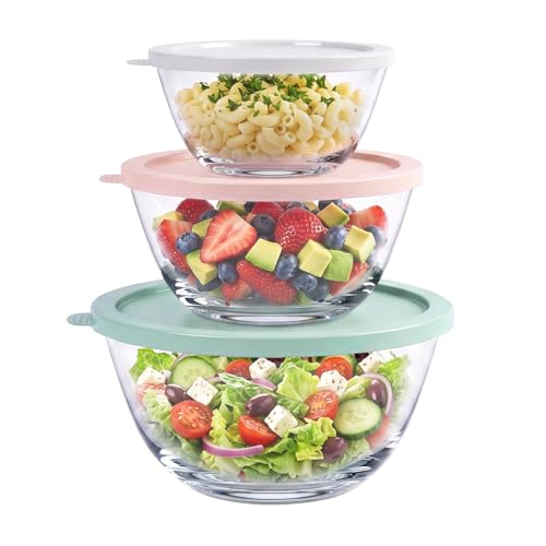Image of Greentainer Glass Mixing Bowl Sets - Salad Bowl with Lids Stackable Nesting Bowls for Baking, Cooking & Food Prep - 0.7 L; 1.5 L; 2.7L-Microwave & Dishwasher Safe, BPA Free