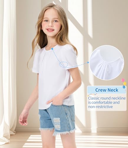 Image of Girls Casual Solid Crewneck Top Short Sleeve Soft T-Shirt with Crisscross Back Design White 4-5