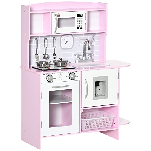 HOMCOM Cocina de Juguete de Madera para Niños de +3 Años Cocina Infantil con Luz Sonidos Dispensador de Agua Horno Fregadero Grifo con Agua y Placa de Cocina 70x29x90 cm Rosa