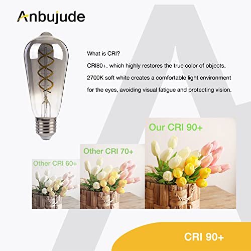 Anbujude Edison Bulbs Dimmable Led Light Bulbs 40W Equivalent, St58 Antique Led Spiral Filament Bulbs, 4 Watt Vintage Light Bulbs E26 Base, Daylight 5000K, Smoky Grey Glass, Cri90+, Pack Of 6 #TOP4