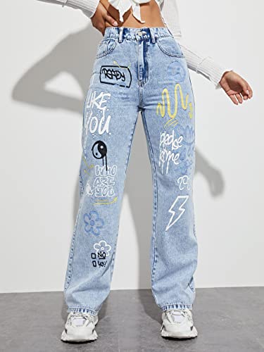 Floerns Women's Pattern Printed High Waist Wide Leg Straight Denim Jeans Pants Blue M #TOP1