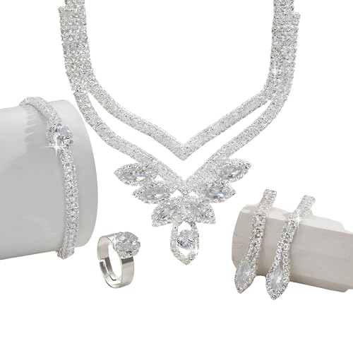 Pulsera y pendientes de boda con juego de joyas de cristal y collar de 38 cm 3