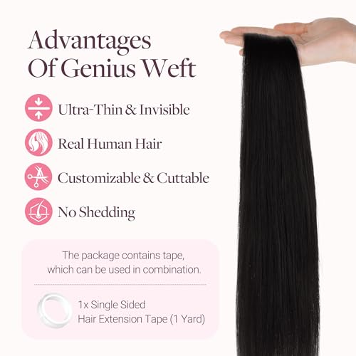 Image of GOO GOO Tape In Weft Hair Extensions Human Hair, Genius PU Long Weft Tape In Hair Extensions Real Human Hair, Silky Easy to Use, 1B Natural black 16 inch 50g 2pcs