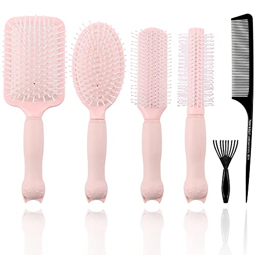 Mens Paddle Hair Brush Comb Set for Women and Men 5 Pcs Wet Hair Brushes for long Hair No Tangle Hair Brush for Curly or Straight Hair (Pink)