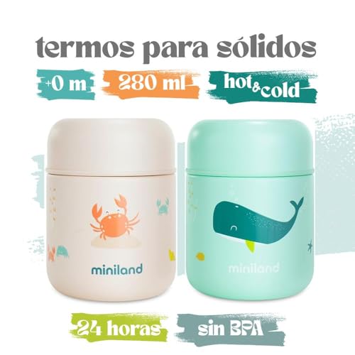 Miniatura 5 de Miniland Termo Bebé Para Comidas 280ml De Acero Inoxidable, Cierre Hermético Y Aislamiento De Doble Pared, Mantiene Temperatura Más De 24h Frío Y Calor Crabsy