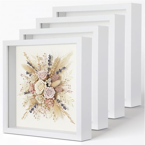 4 Pack 8 x 8in Shadow Box Picture Frame - 3D Picture Frame White Square Shadow Box - Plastic Shadowboxe Display Case for Wedding Memories Crafts Awards Medals Tickets and Photos
