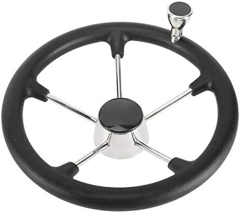 DasMarine 5 Spoke 13.5" Dia. Boat Steering Wheel,3/4" Shaft,25 Degree Dish,304 Stainless Steel Steering Wheel with Black PU Foam (13.5" with knob)