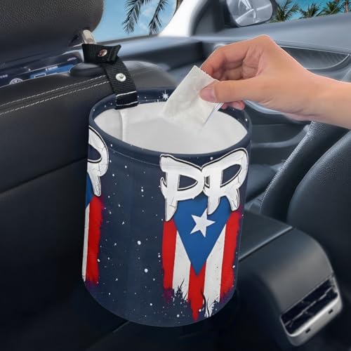 Puerto Rico Flag Car Trash Can with Adjustable Strap, Waterproof Bottom, Foldable and Portable – Ideal for Cars, Trucks, SUVs, Offices – Durable Polyester, Convenient for Organization