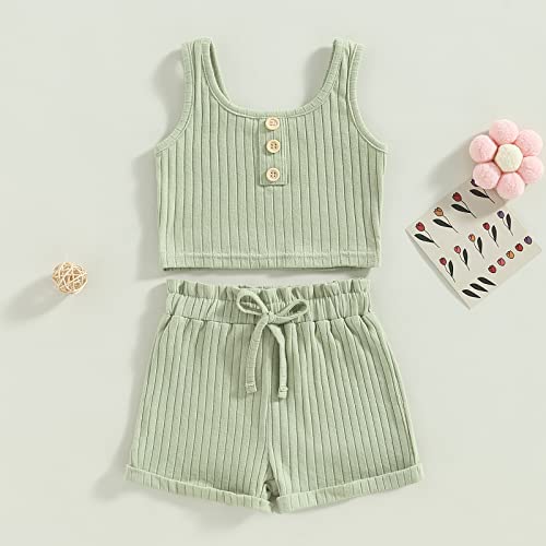 Image of Little Toddler Kids Girl Clothes Set 1-8 Years Summer Outfits Solid Color Tank Tops & Shorts