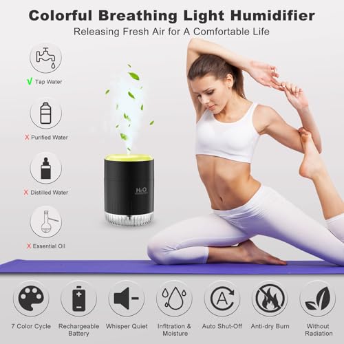 Image of Rechargeable Mini Humidifier with 7 Color Light, Small Personal Desktop Humidifier for Baby Bedroom, Office, Nursery, Travel with Auto Shut-Off, Super Quiet (Black)