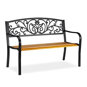 Relaxdays tuinbank metaal, 2 persoons, balkon, terras, hout, rustieke parkbank, HxBxD: 86,5x127x59 cm, bruin/zwart