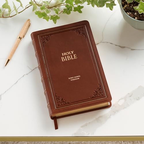 KJV Holy Bible, Standard Size Premium Full Grain Leather Red Letter Edition - Thumb Index & Ribbon Marker, King James Version, Brown Debossed - image 3