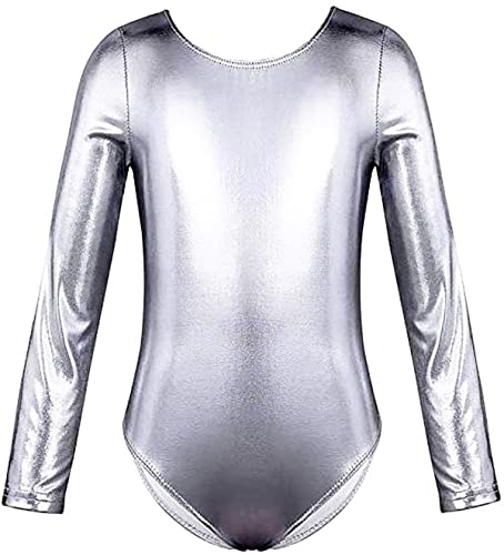 FUREINSTORE Ballet Gymnastics Classical Shiny Elastic Dance Leotard Girls Long Sleeve Round Neck Ballerina Leotard (Silber, 6 Jahre)