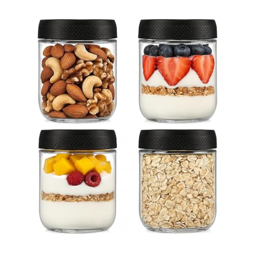 LDYOEN 4 Pack Tarros de Cristal Con Tapa Hermética, 480ml Tarros de Avena Nocturna con Tapa, Tarros de Vidrio con Tapas, Bote Cristal Hermetico para Yogur, Batido, Avena, Mermelada, Especias