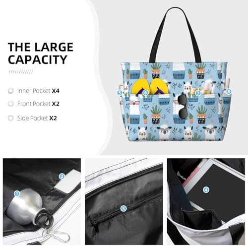 Large Beach Bags for Women Sandproof - Cute Alpaca Cactus (2) Print Summer Travel Work Tote Bags with Zipper3