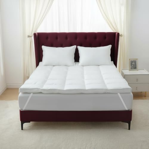 Goose Down Feather Mattress Topper, 5cm Down Mattress Protector Cover with Straps,Soft Fluffy Baffled Pillowtop, Hypoallergenic Featherbed Cooling Pad All-Season Luxury (King (150x200x5cm))