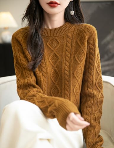 Women's 100% Merino Wool Sweater 2025 Fall Winter Casual Crewneck Long Sleeve Vintage Cable Knitted Sweater2