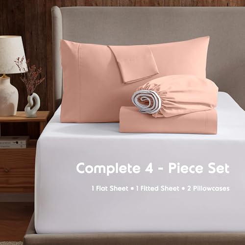 Image of Nestl Extra Deep Twin Sheet Set - 4 Piece Breathable & Cooling Sheets - Hotel Luxury Bedding Set w /18-24 Inch Deep Pockets - Easy & Secure Fit - Super Soft, Wrinkle Free & Comfy - Peach Beige