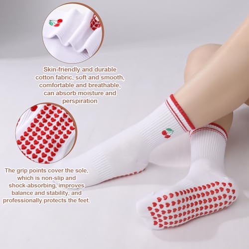 Jspupifip 3 Pairs Fruit Pilates Socks with Grips for Women, Non Slip Cotton Crew Athletic Socks for Barre Workout Hospital4