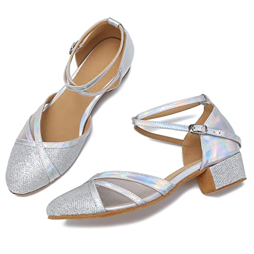 Luixiu Low Heel Ballroom Dance Shoes For Social Beginner 1.5 Inches Latin Salsa Practice Dancing Sandals Lx03(9, Silver-1.5 Inch Heel) #TOP6