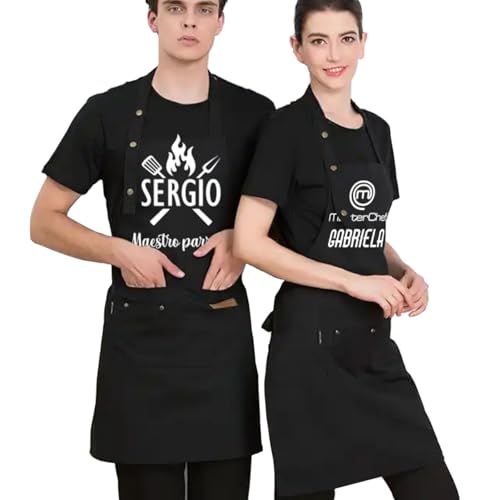 Happenings Grembiule Personalizzato con Nome - Master Chef - Barbecue Regali BBQ Papà Maestro Di Griglia - Universale - 3 tasche - Personalizzato (Nero)