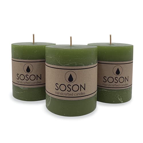 Simply Soson Rustic 3x3 Dark Moss Green Candles | Pillar Candles for Home | Unscented Candles & Dripless Pillar Candles | Long Lasting Candles | Large Candle for Home | 3 Pack of Candles