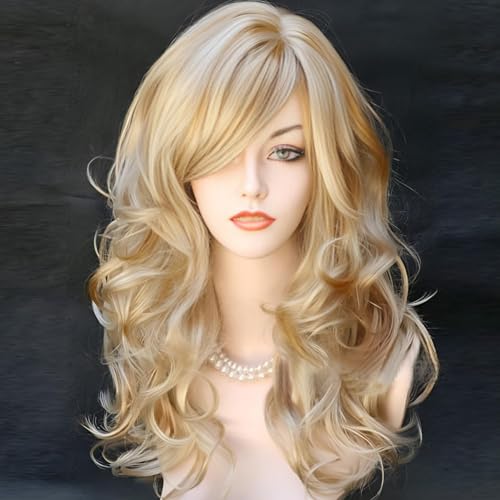 RightOn 22 Inches Blonde Mix Brown Wig Long Curly Mix Blonde Wig with Bangs Long Wavy Wig for Halloween Cosplay Costume Party