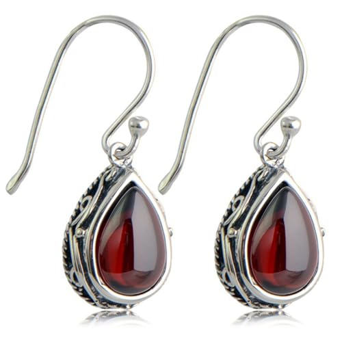 KBRPEY Pendientes para Mujer Lágrima Bohemio Vintage de Plata Tibetana Joyasregalos de Joyería Hipoalergénica de Plata para Mujeres (Rojo)