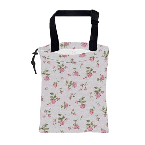 Image of Car Garbage Bag Small Pink Rose Floral Drawstring Car Trash Bag Hanging for Back Seat with Adjustable Buckle Canvas Vehicle Trash Can Easy-to-Install