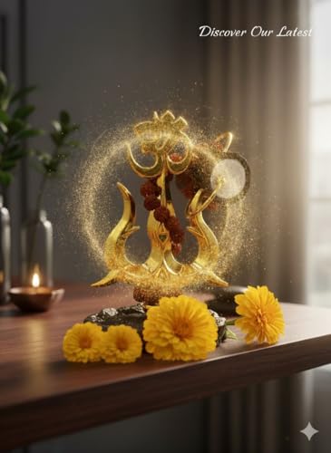 Image of Om Trishul with Damroo /Damru & Rudraksha Mala | Gold-Plated Religious Showpiece for Car Dashboard, Home Temple & Office Decor | Hindu Spiritual Gift Item DAMROO