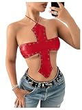 MakeMeChic Women's Black Leather Top Tie Backless Cross Halter Grommet Y2K Concert Going Out Tops Bar Outfits Red Medium