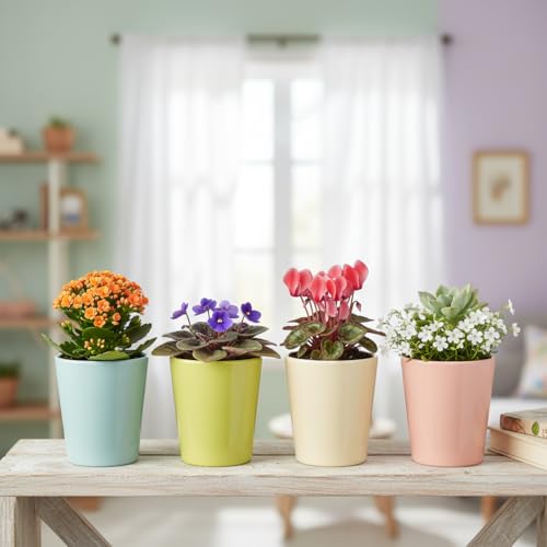 Image of Xtore Contemporary Matte Ceramic Planter Set of 4 for Indoor Plants | Minimalist Colorful Flower Pots for Desk, Shelf & Home Decor Styling (Pack of 4, Planter only)