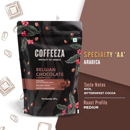 Image of COFFEEZA Ground Coffee - Fine Grind - Belgian Chocolate Flavored - Pack Of 2 (250G Each) - Medium-Dark Roast 100% Arabica Ground Coffee Powder Packet