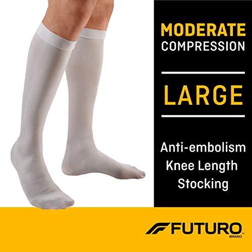 Image of FUTURO Anti-Embolism Knee Length Stockings, Large Regular, White, Moderate (18 mm /Hg)