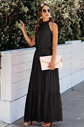 Image of PRETTYGARDEN Women's Halter Neck Floral Long Maxi Dress Casual Sleeveless Backless Dresses Loose Ruffle Sundress with Belt