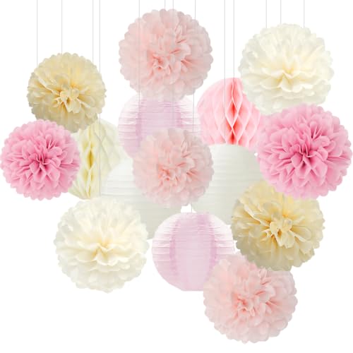 Image of Pink Beige Yellow Party-Decorations Paper-Flowers - 15pcs Tissue Pom Poms Lanterns Streamers,Birthday Baby Bridal Shower Bachelorette Hanging Supplies Hugfond