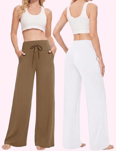 Image of Showitty 1 /3 Pack Women's Wide Leg Pants with Pockets, Casual Loose Pajama Palazzo Trousers Sweatpants for Yoga Lounge