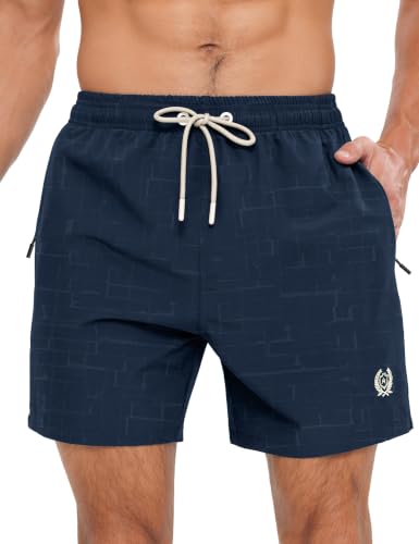 Image of APTRO Mens Swim Shorts Quick-Dry Mesh Lining Summer Beach Zipper Pockets Printed Navy L