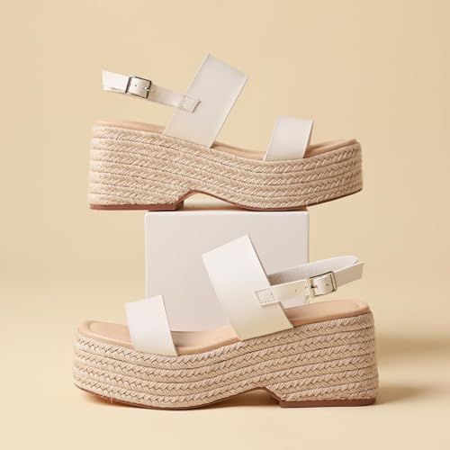 Image of EQAUDES Platform Sandals Women Open Toe Ankle Strap Summer Wedge Espadrille Sandals Cute Beach Straw Raffia Woven Sandals Comfortable Vacation Dress Shoes