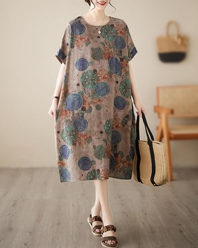 Image of LUZU JUNU Women's Summer Baggy Plus Size Loose Cotton Linen Long Boho Beach Dress with Pockets